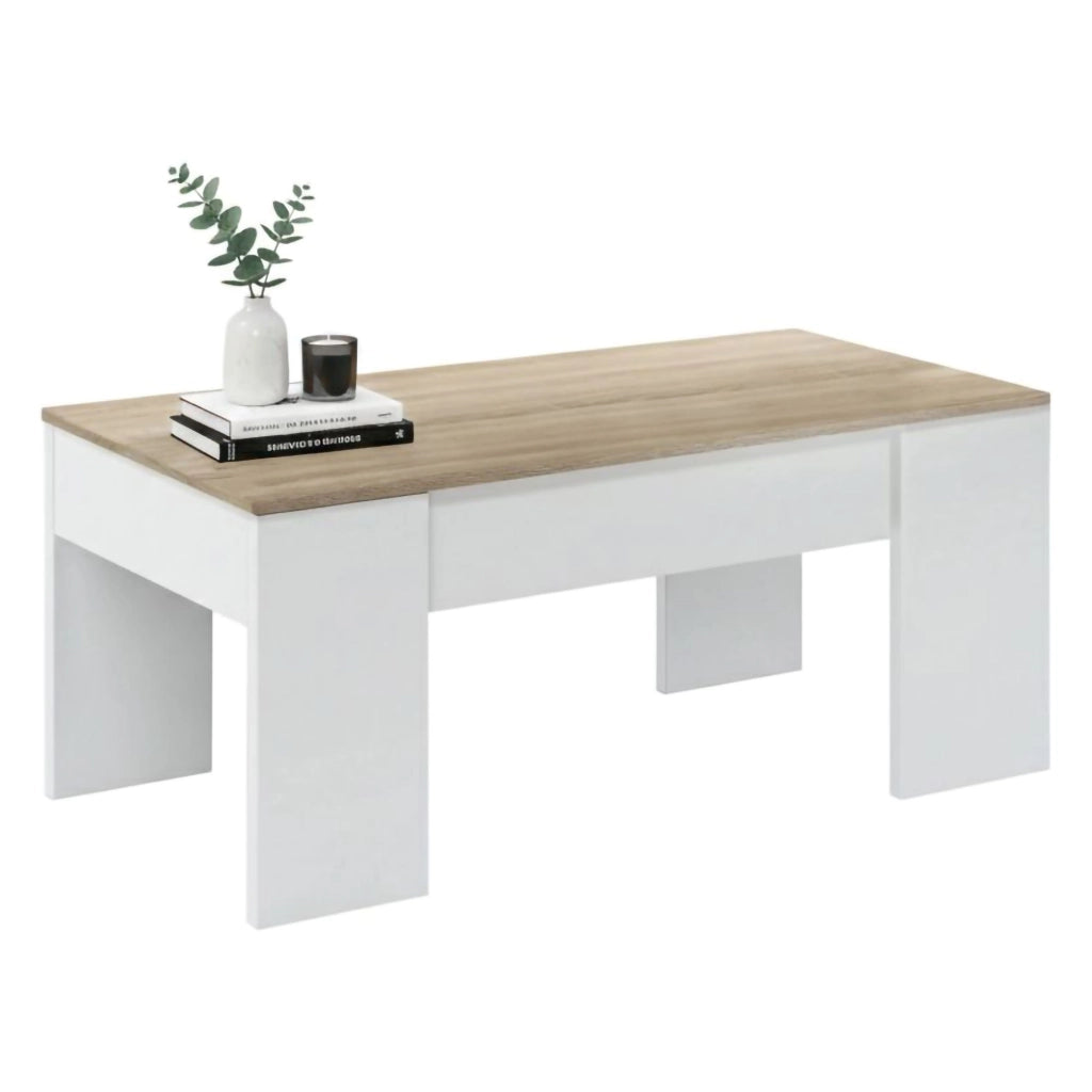 Tavolino da salotto Almas, Tavolino da caffÒ¨ con piano elevabile, Tavolo basso da soggiorno, 100x50h45/56 cm, Bianco e Rovere