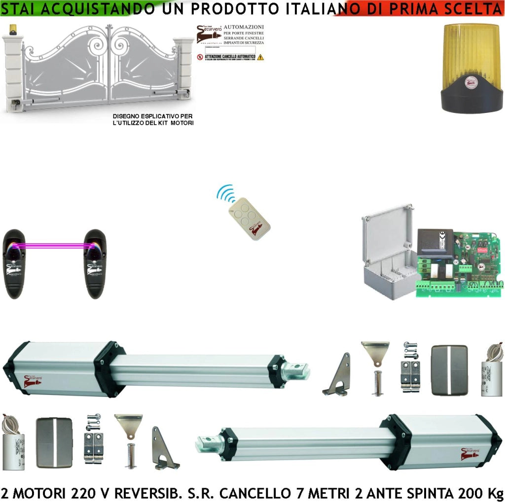 Automatismo 230 V Ricambio per Cancello da 7 Metri 2 Ante da 3,5 Metri 2 Motori Elettromeccanici 220 V Stelo Retrattile Reversibile Corsa 600 mm Spinta 250 Kg Centrale Radiocomando Fotocellule Faro