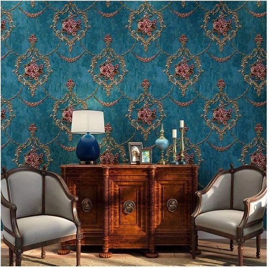Tessuto da Parete Stile Barocco 3D Relief Vintage Americana Pastorale Stile Europeo Lusso Blu 0,53 x 10 m