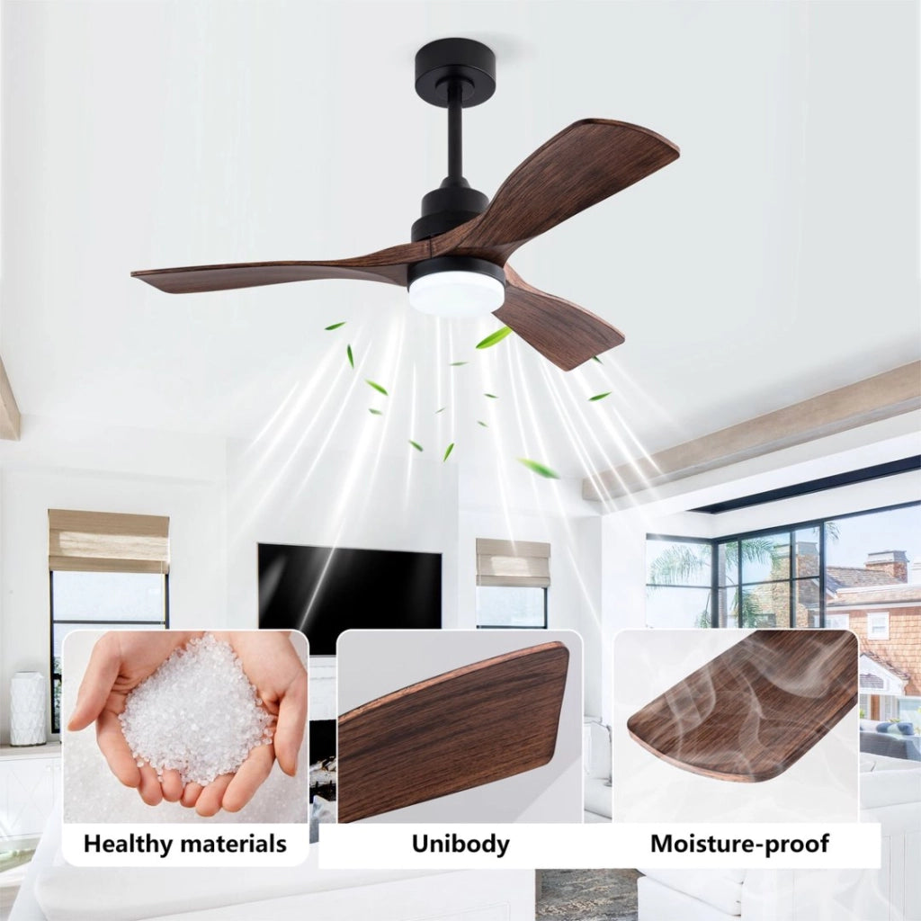 Ventilatore da soffitto a 3 pale con luce led e telecomando in abs nero e noce scuro