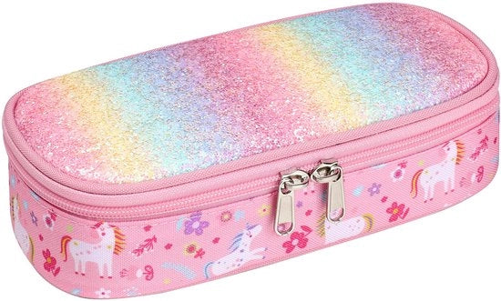 Etui per bambine - grande borsa per bambini, borsa per bambine per la scuola, 2 compartimenti e tasca per penne all'interno (unicorno rosa)