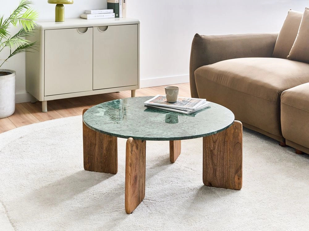 Tavolino con piano in marmo verde scuro e marrone e gambe in legno di mango, 80 cm, stile moderno, rotondo, per soggiorno