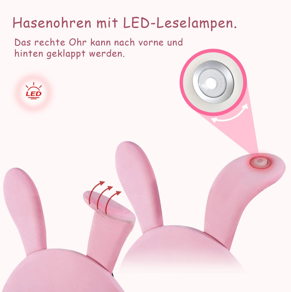 Letto singolo 90x200 cm con due panche contenitore; LED e orecchie pieghevoli in velluto rosa