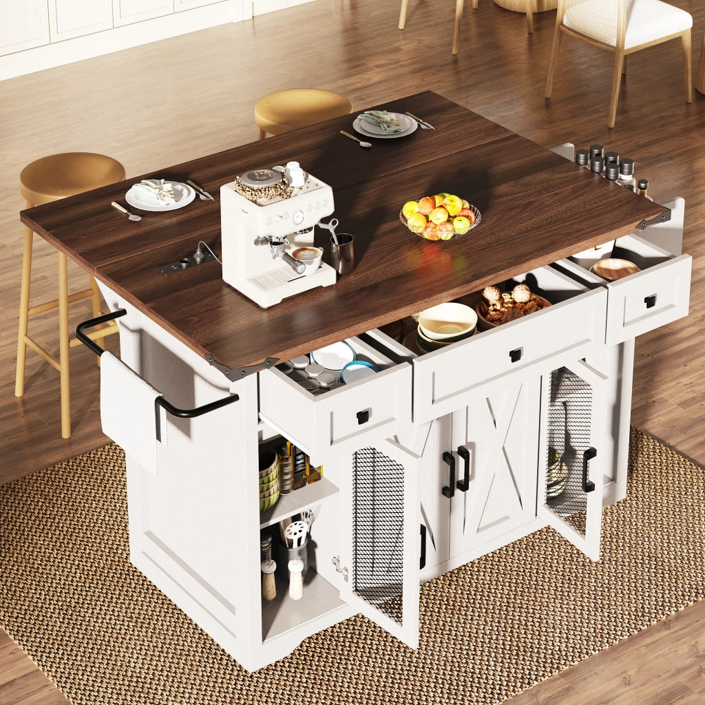 Carrello isola cucina mobile con piano estraibile e presa elettrica, bianco, 75 kg