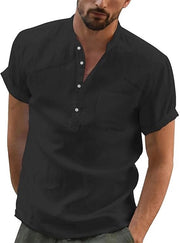 Camicia in Lino per Uomo Corta Manica - Stile Henley - Col V - Adattamento Universale - Materiale Leggero e Respirante