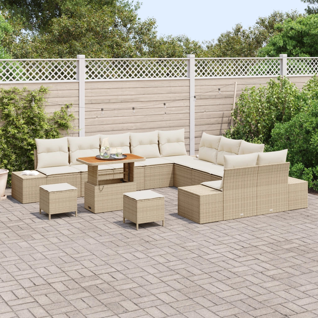 Set Divano Giardino  13 Pezzi Cuscini Beige Polirattan Acacia