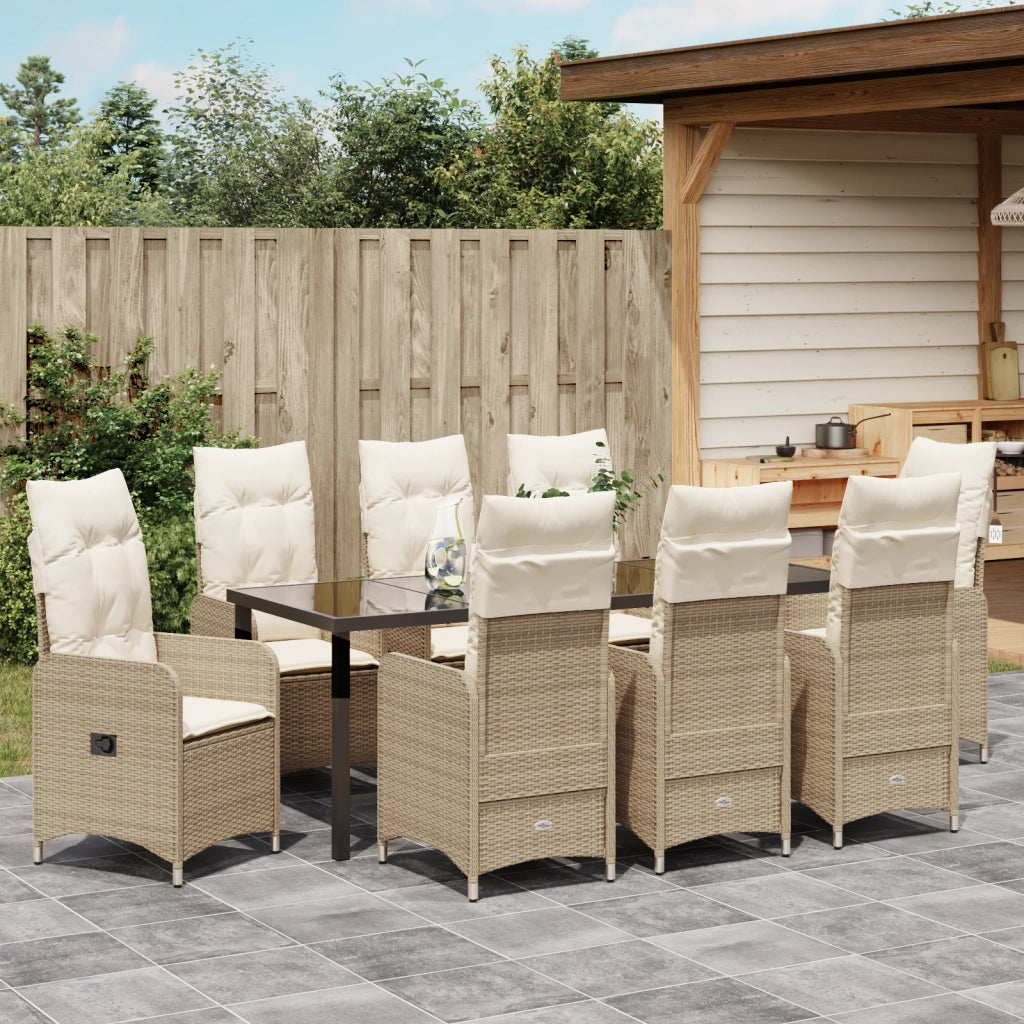 Set da Pranzo da Giardino 9 Pezzi con Cuscini Beige Polyrattan