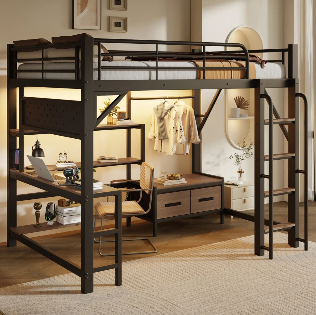 Letto a soppalco 140 x 200 cm con scrivania, LED e USB nero