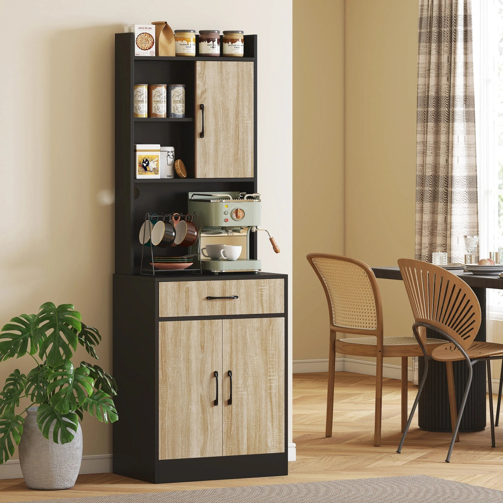 Mobile da cucina con piano di lavoro e passacavi ¨C Xylo ¨C con cassetto e 3 ripiani aperti, legno naturale e nero