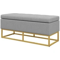 Panca Contenitore 2 in 1 con Seduta Trapuntata e Piedi in Acciaio, 110 x 44 x 48 cm, Grigio e Dorato