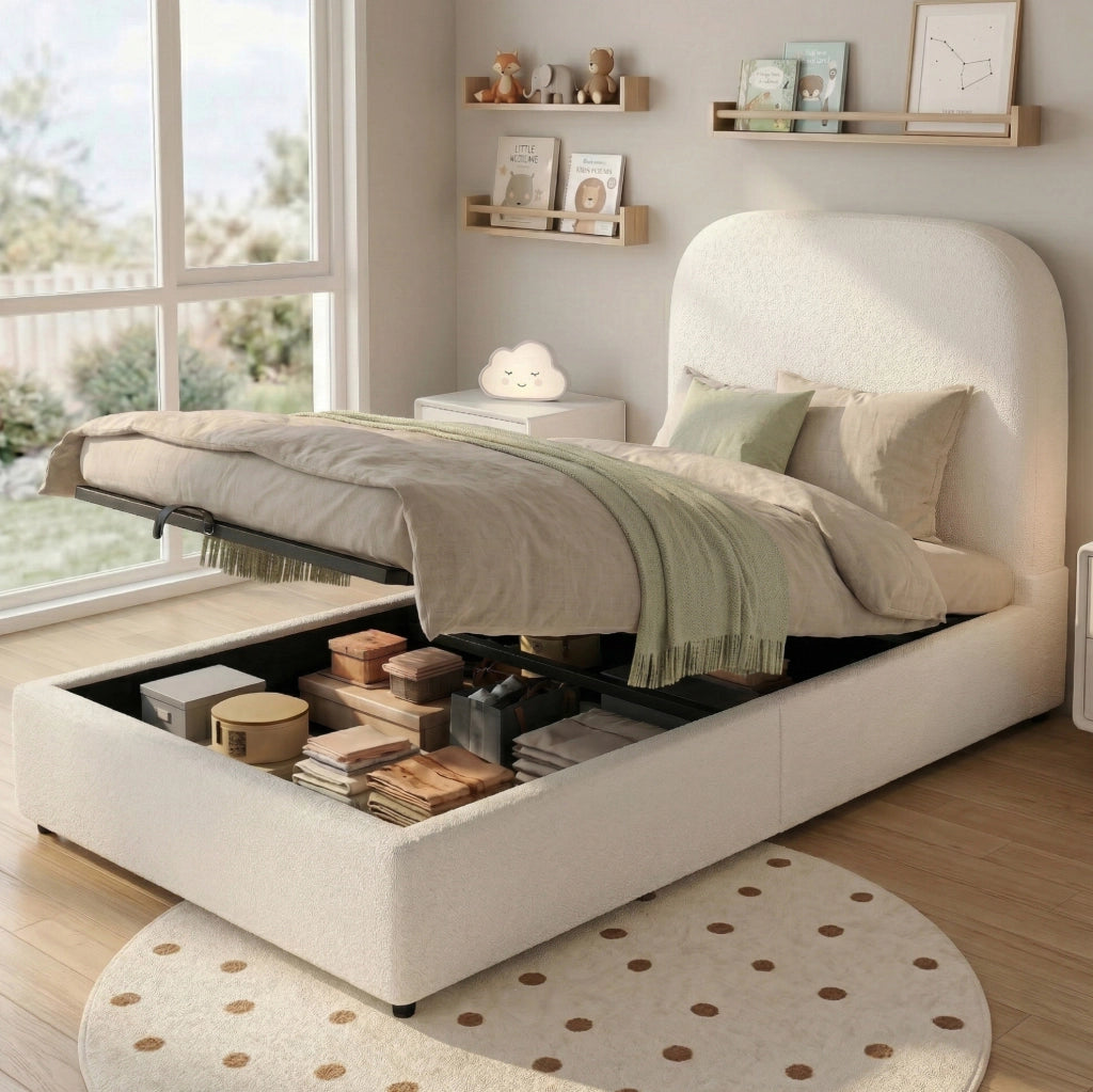 Letto per bambini 90x200 cm con contenitore idraulico; tessuto bouclé beige