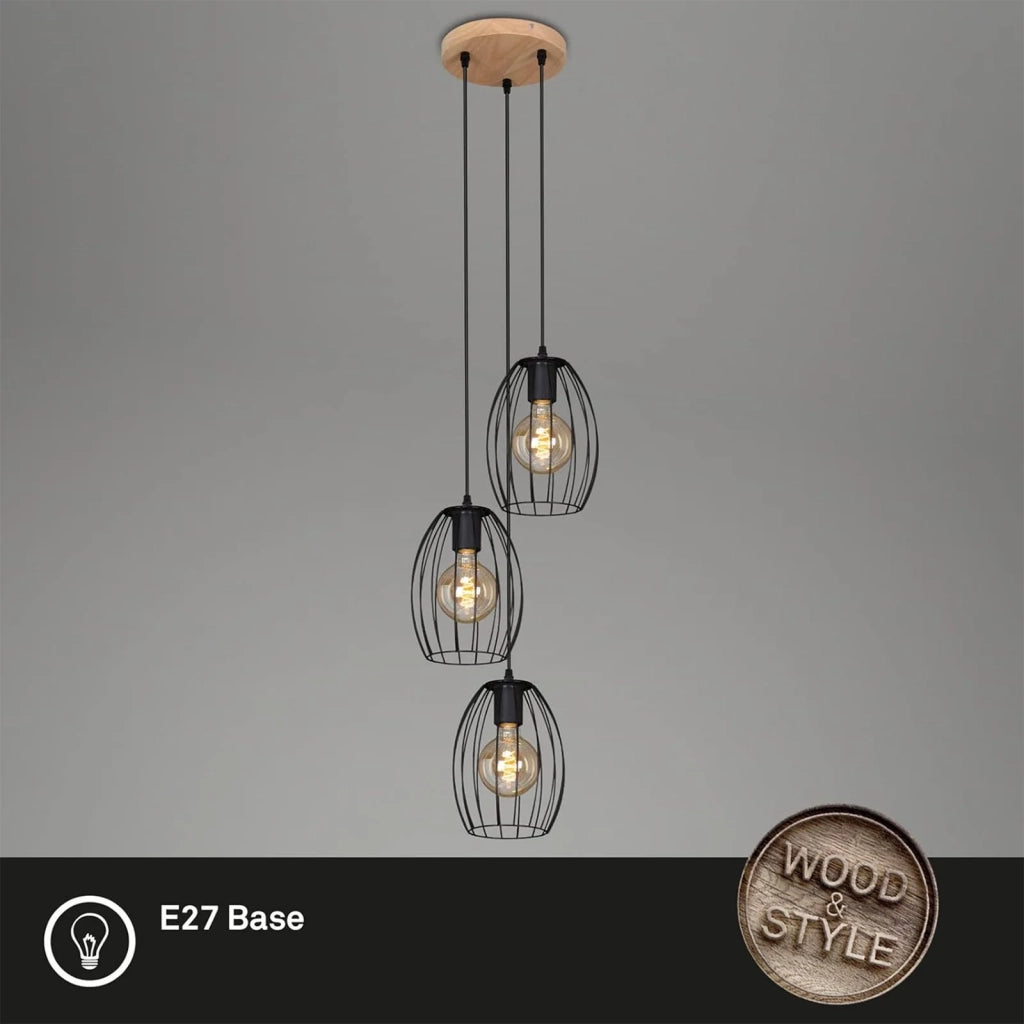 Lampadario Vintage Industrial Waktu Metallo Nero Legno Marrone 3 Luci E27