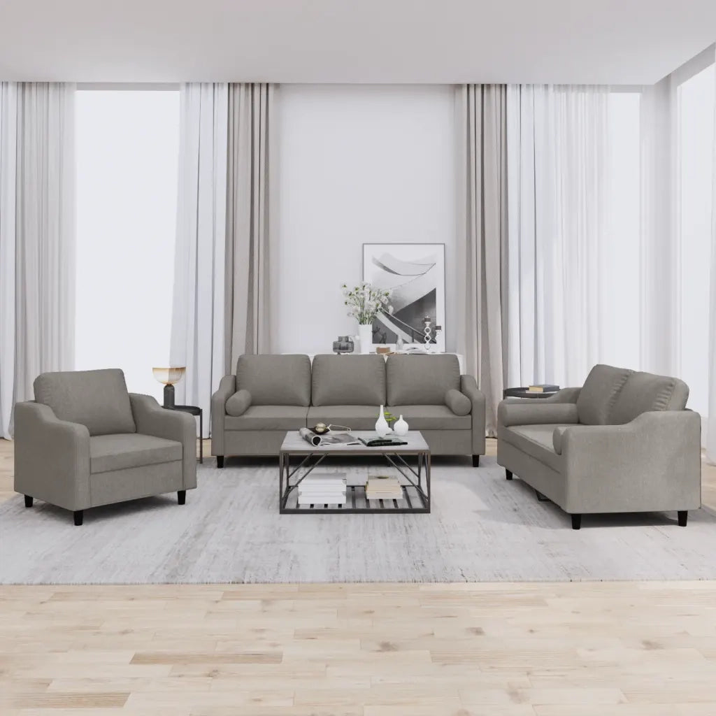Set Divani 3 pz con Cuscini Tortora in Tessuto