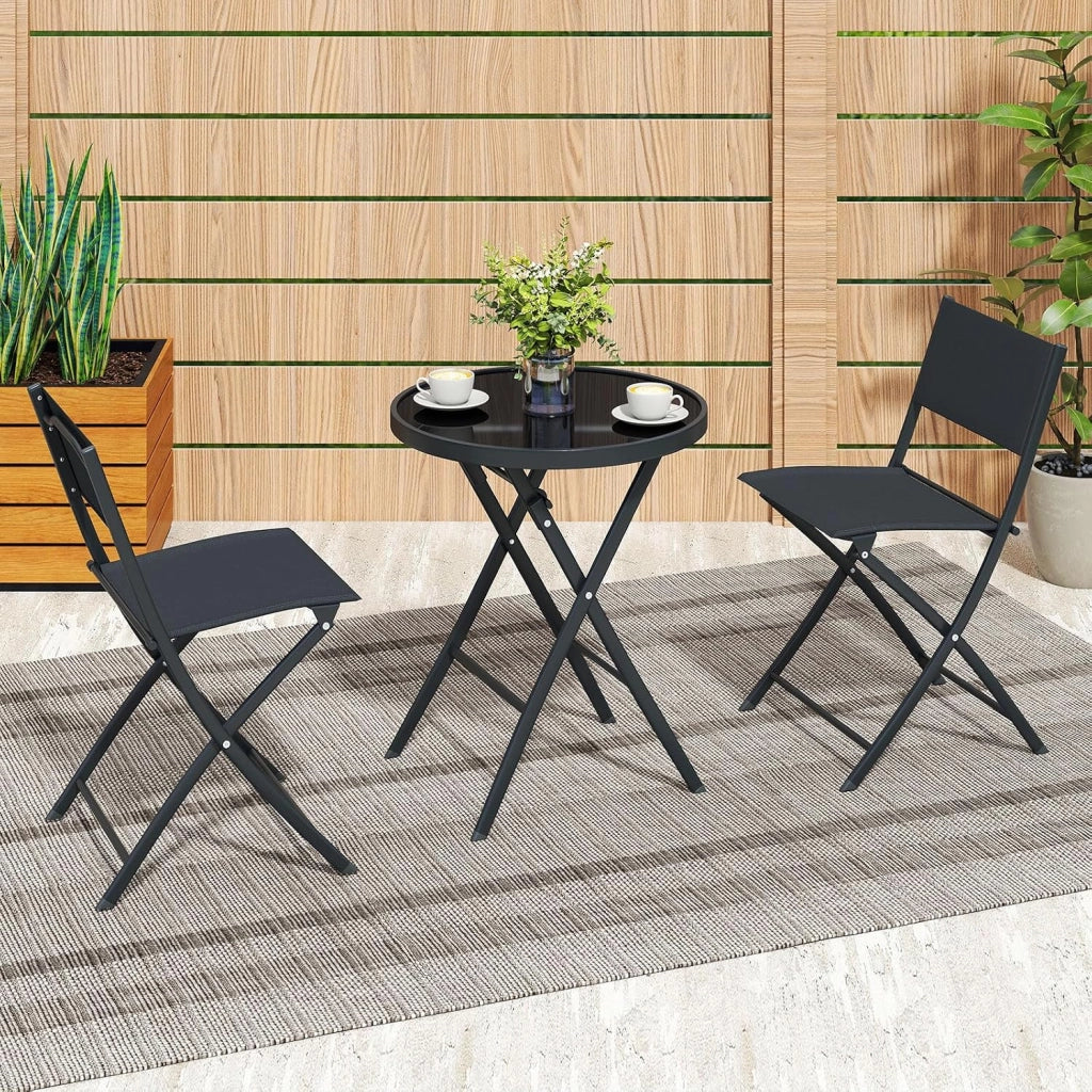 Set Tavolino e Sedie da Giardino Pieghevole, Set Bistro 3 Pezzi, Tavolino con Piano in Vetro Temperato e Metallo, Sedie con Tessuto Textilene Impermeabile, per Balcone, Patio, Piscina