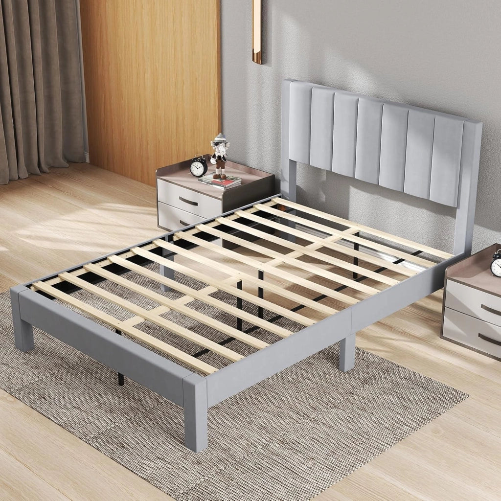 Struttura Letto 211 x 141 CM con Testata Imbottita, Rete a Doghe in Legno, Spazio Sotto il Letto, Montaggio Facile, Grigio
