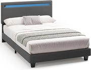 Letto imbottito 120x200cm con luce LED, Letto a piattaforma imbottito, Struttura in ferro, Testiera imbottita, Bse robusta, Adatto per camere degli ospiti (Grigio scuro)
