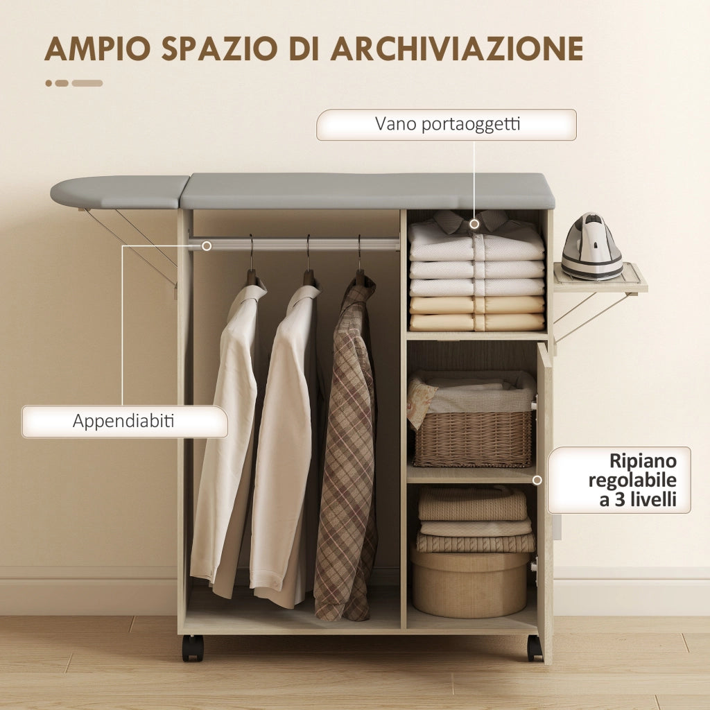 Mobile Asse da Stiro in Effetto Lino Armadietto e Barra per Vestiti 127x42,5x99 cm Grigio e Color Legno