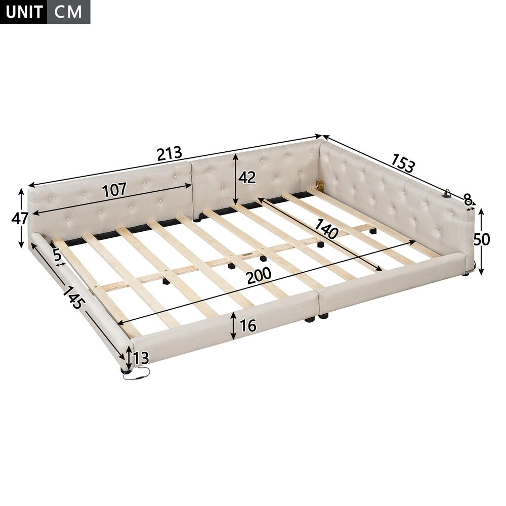 Letto Divano con Rete a Doghe e LED ¨C MINIMAL ¨C Tessuto Beige 140x200