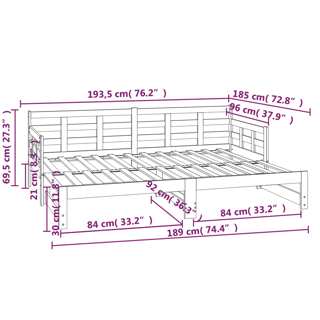Dormeuse Estraibile Nera in Legno Massello di Pino 2x(90x190)cm cod mxl 59363