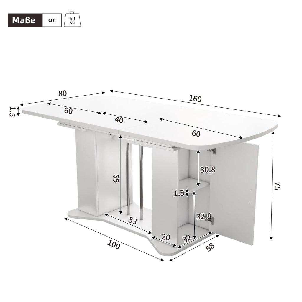 Tavolo da pranzo allungabile con 1 vano contenitore; stile classico; per sala da pranzo; bianco