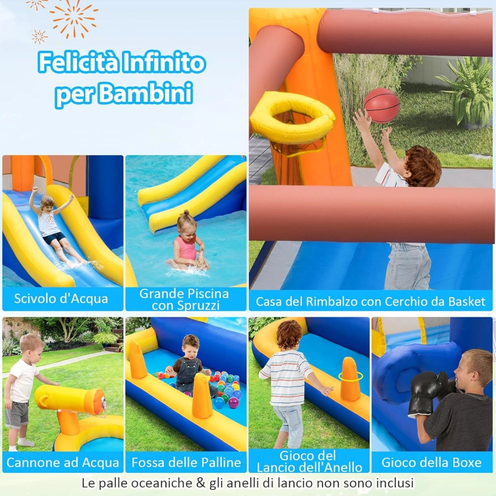 Castello Gonfiabile, Casa Gonfiabile con Scivolo, Piscina， Trampolino e Cannone d'Acqua, per Bambini di 3-10 Anni, 578 x 408 x 250 cm