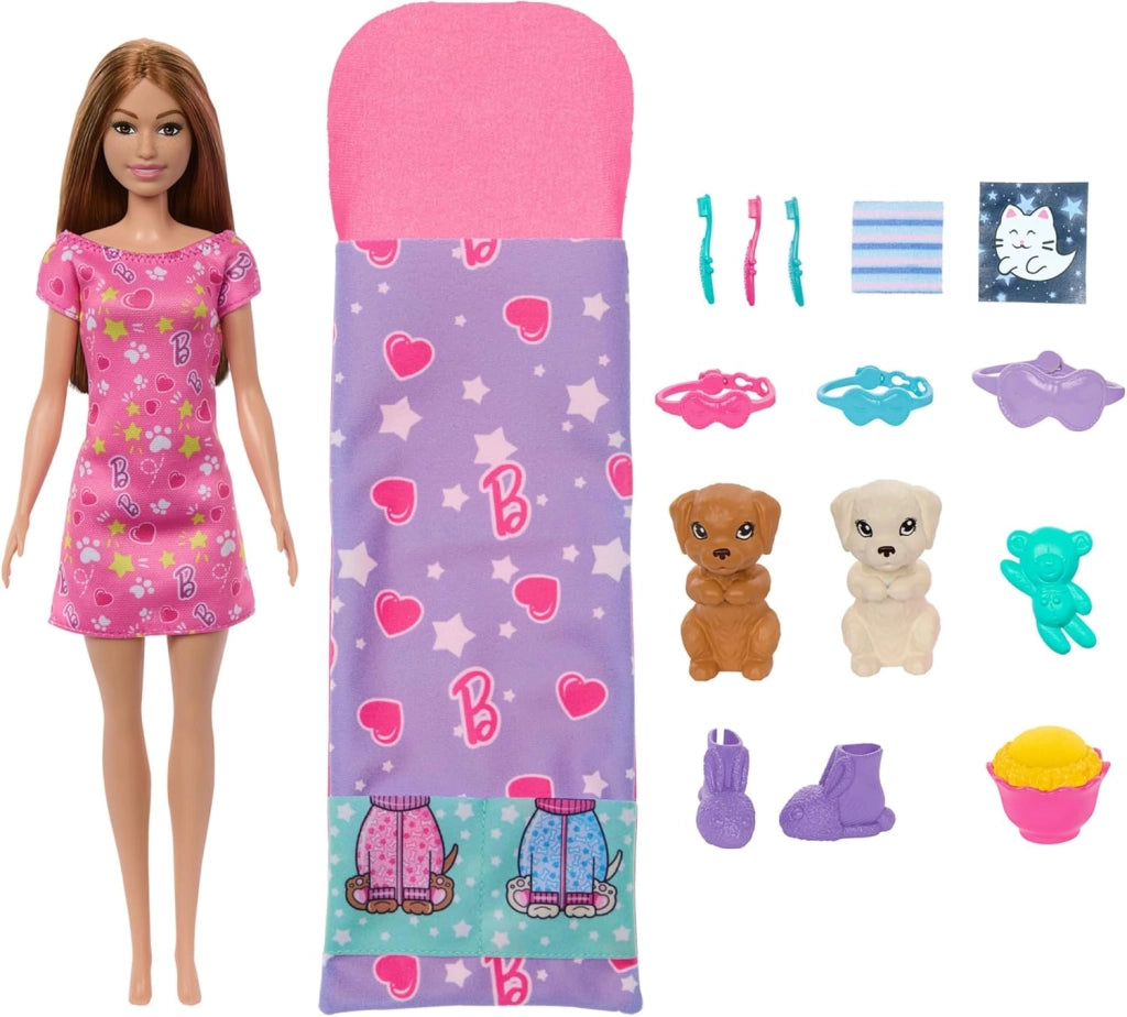 Barbie - Pigiama Party per Cuccioli, playset con bambola e 2 cuccioli, 10 accessori con effetto cambia colore inclusi, s