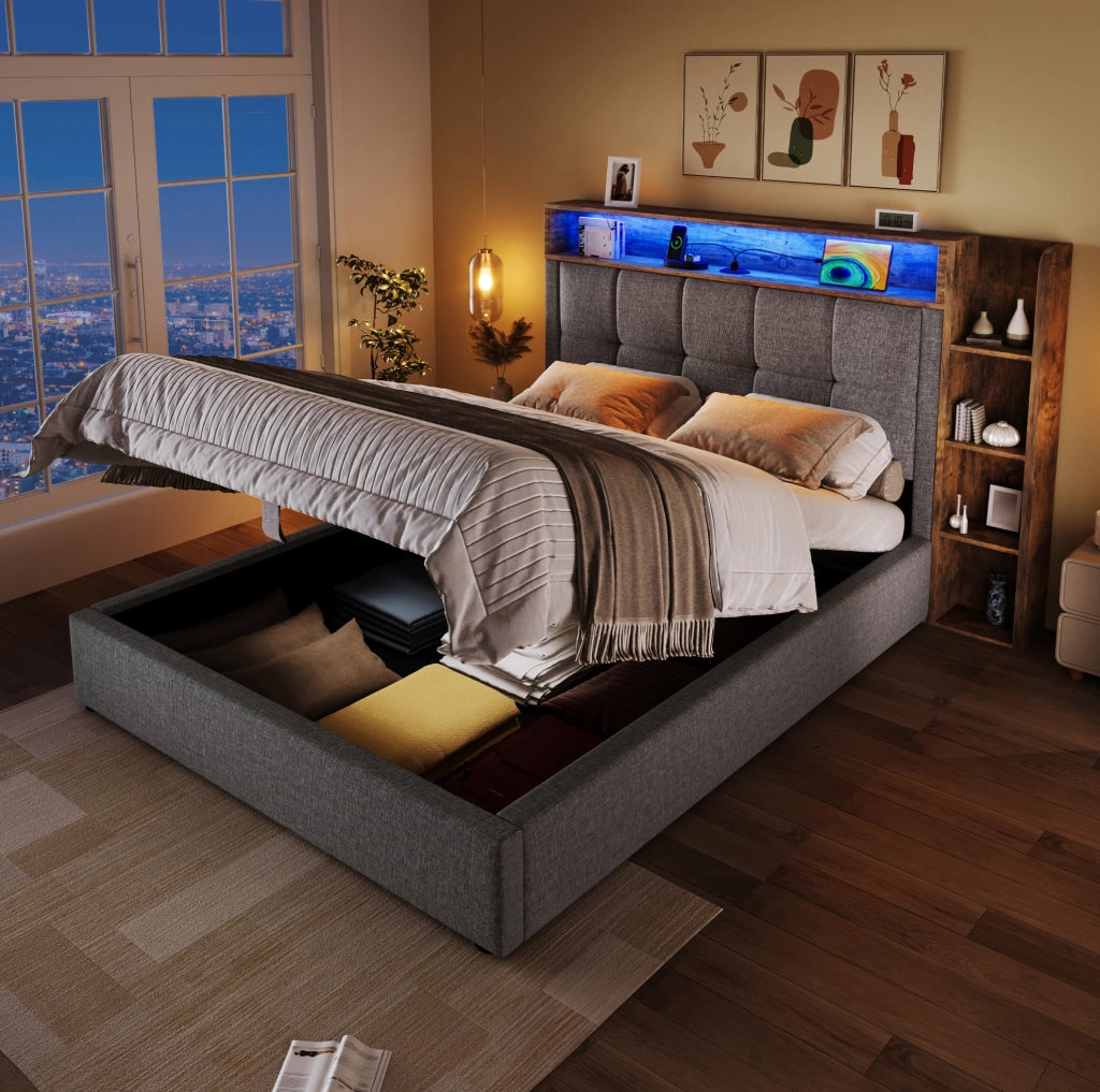 Letto imbottito 90x200 cm con USB e Type-C; contenitore idraulico; LED; grigio