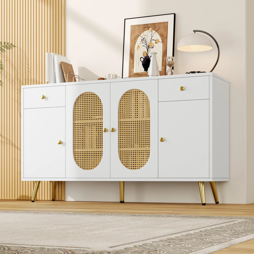 Comodino con 2 cassetti e 4 ante - Zephmum- Bianco e colori naturali, ripiani regolabili in altezza, 140x35x82 cm