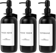 Sistema di Dispensazione per Sapone Liquido a Parete con Materiale in Vetro e Acciaio Inox - Set di 3 - 500 ml - Nero Opaco - Adesivo o Trapano per Dispensatore di Detersivo