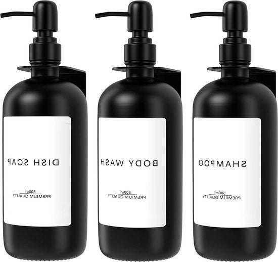 Sistema di Dispensazione per Sapone Liquido a Parete con Materiale in Vetro e Acciaio Inox - Set di 3 - 500 ml - Nero Opaco - Adesivo o Trapano per Dispensatore di Detersivo