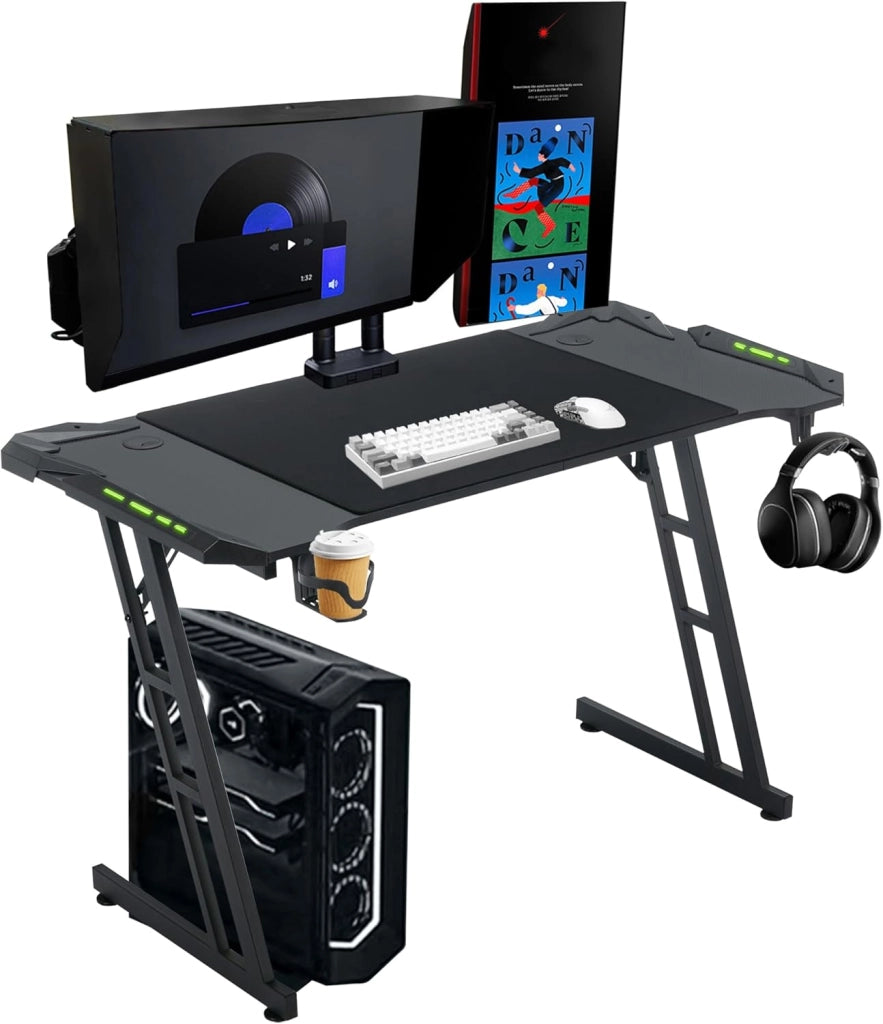 Tavolo da gioco, 160 x 60 cm, altezza regolabile, con foro e supporto per cuffie e tazze, in fibra di carbonio, ergonomico, PC