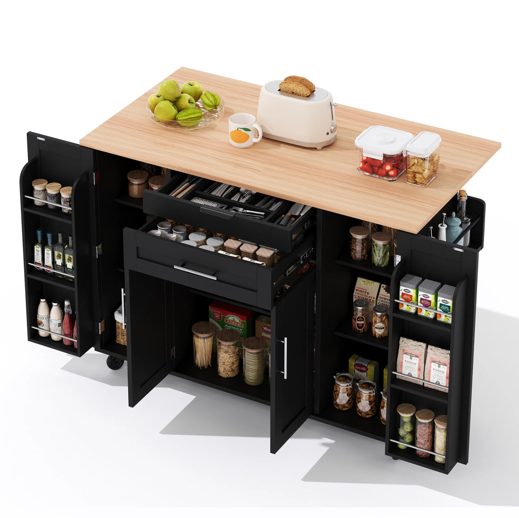 Isola da cucina con piano estraibile 136x70x92 cm in MDF nero e naturale