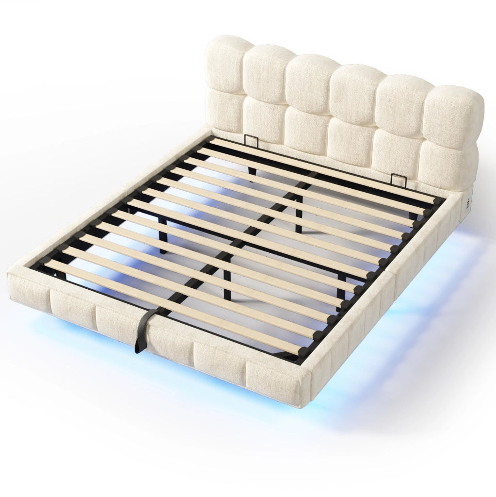 Letto imbottito 140x190 cm con contenitore idraulico, LED, USB e Type-C beige