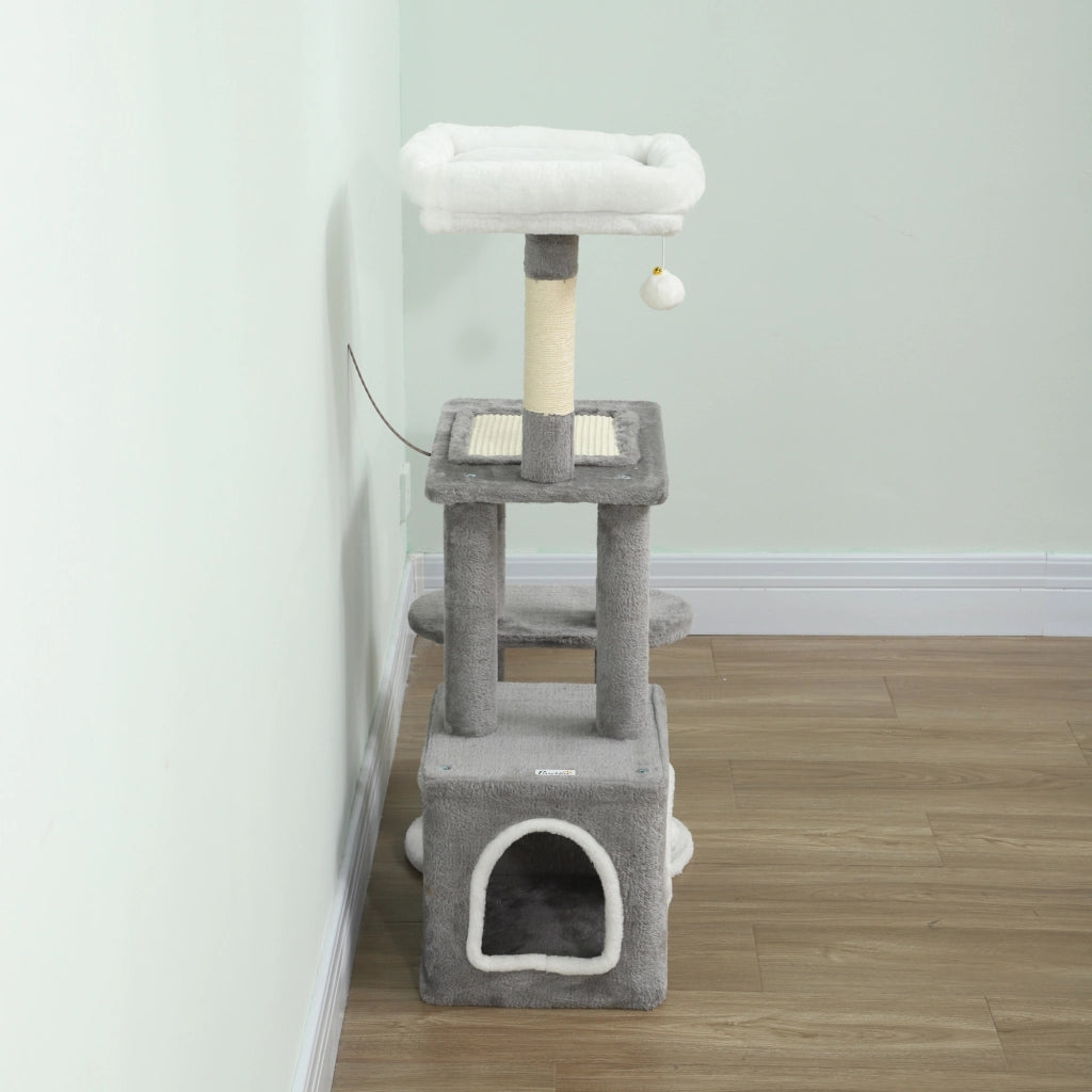 Albero Tiragraffi per Gatti con Casetta e 2 Palline 55x40x107cm Grigio e Bianco