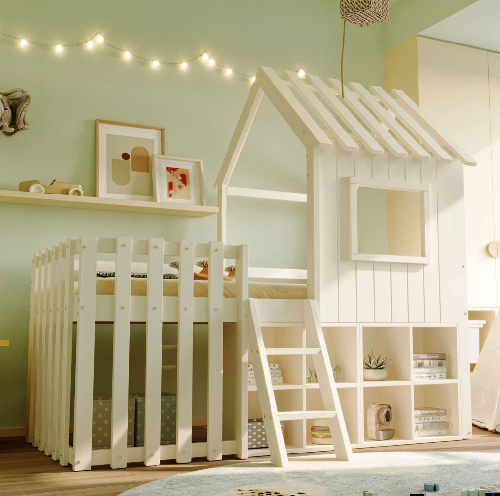 Letto per bambini 90x200 cm con tetto; finestre e vani portaoggetti in legno