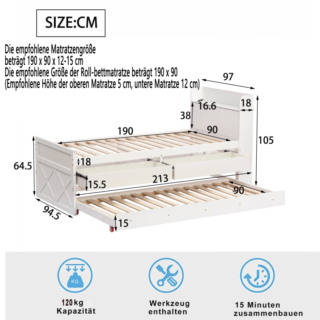 LETTO 90x190 cm in legno massello bianco con 2 cassetti, letto estraibile, USB