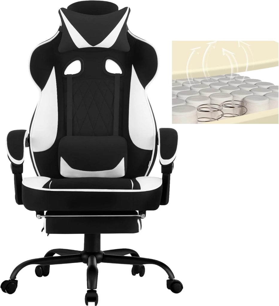 Sedia Gaming Ergonomica | Tessuto Traspirante Fresco D'estate | Schienale Regolabile Poggiapiedi | per Gaming Ufficio Relax | Sedile ampio e comodo per Persone di Taglia Grande | Nero+Bianco