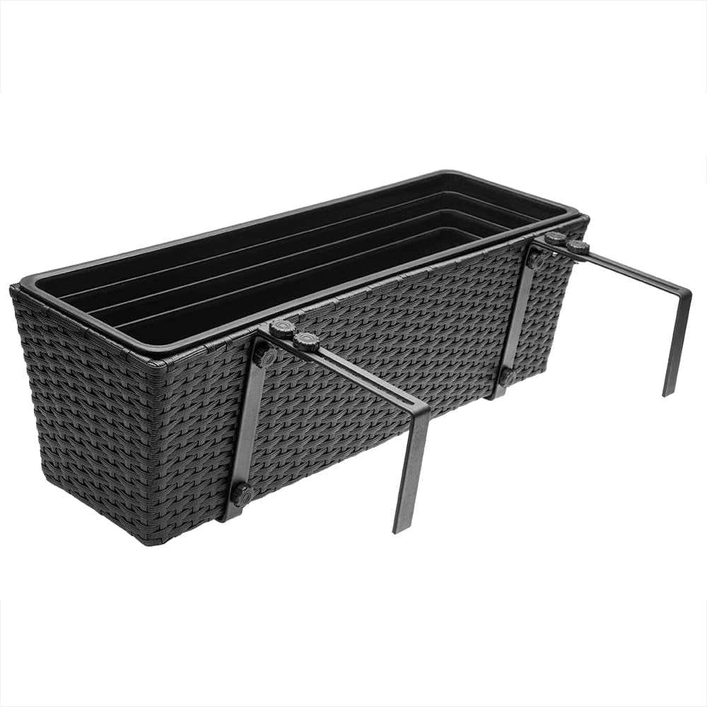 ® 2x Fioriera Balcone 60cm 11L Rattan Supporto Esterno Interno Resistente agli Agenti Atmosferici e ai Raggi UV Rimovibile Ringhiera Vaso Portafiori Rettangolare Fiori Piante Nero