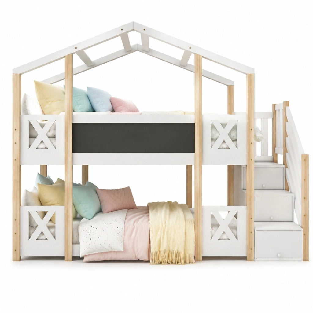 Letto a castello per bambini 90x200 cm con scala contenitore, design casetta, bianco/naturale