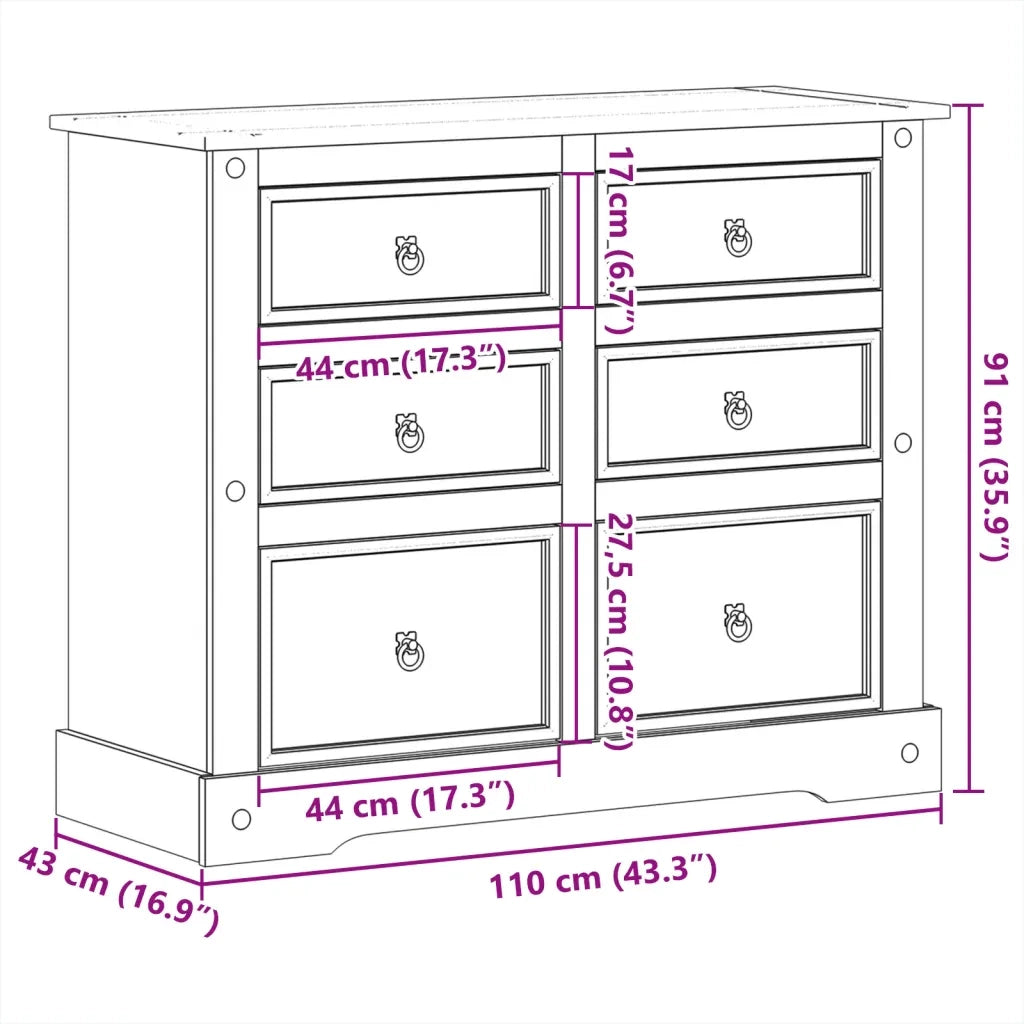 Cassettiera Corona 110x43x91 cm in Legno Massello di Pino 4005676