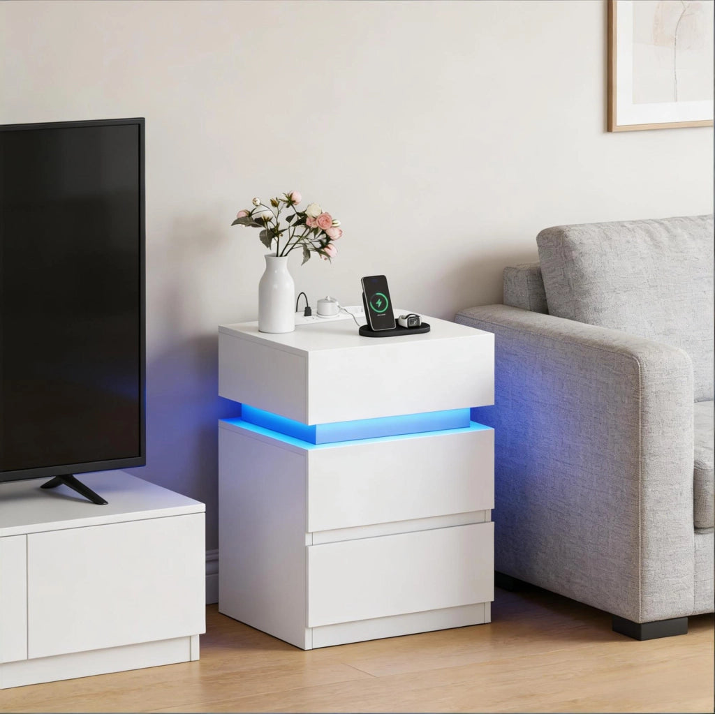 Comodino bianco con LED regolabile, 2 prese, USB e 2 cassetti