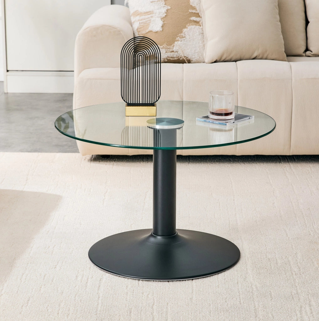 Tavolino da caffè rotondo in vetro 70 cm con piano in vetro temperato e base in metallo nero