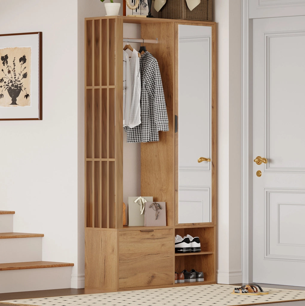 Mobile ingresso 6 in 1 100 x 33 x 190 cm con specchio; appendiabiti e vani; colore legno naturale