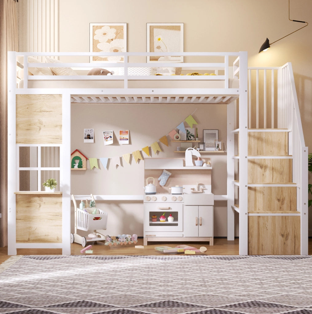 Letto a soppalco con scala contenitore e area inferiore aperta
