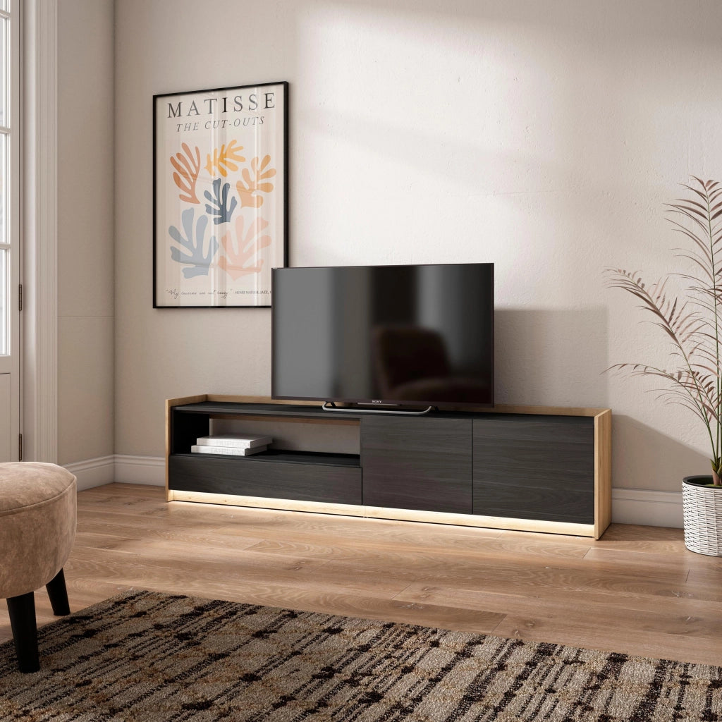 Mobile TV Soggiorno, 207x50x37 cm, Per TV fino a 80", LED, Nero e rovere