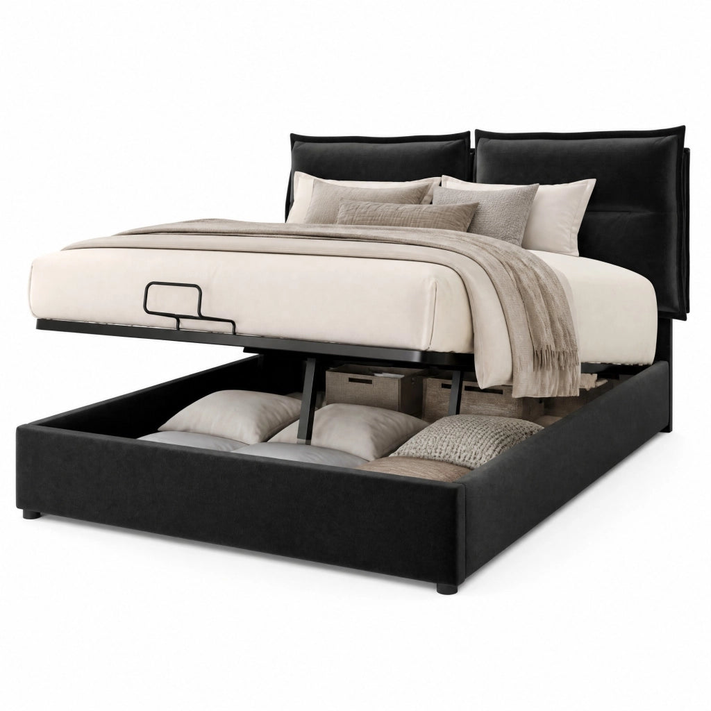 Letto matrimoniale imbottito 140x200 cm con testiera regolabile, contenitore e materasso, nero