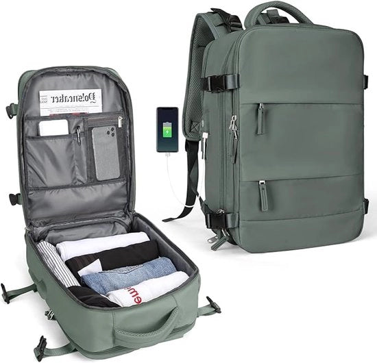 Zak da viaggio per backpacker, grande borsa da viaggio per donne e uomini, bagaglio a mano, zaino impermeabile per laptop da 14 pollici con porta USB, tasca per scarpe - verde scuro
