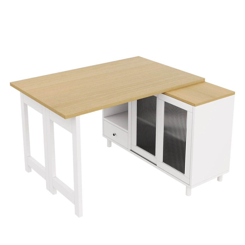 Tavolo da pranzo pieghevole allungabile 120x40x75;5 cm con contenitore; piano girevole 360°; MDF/metallo/vetro; bianco