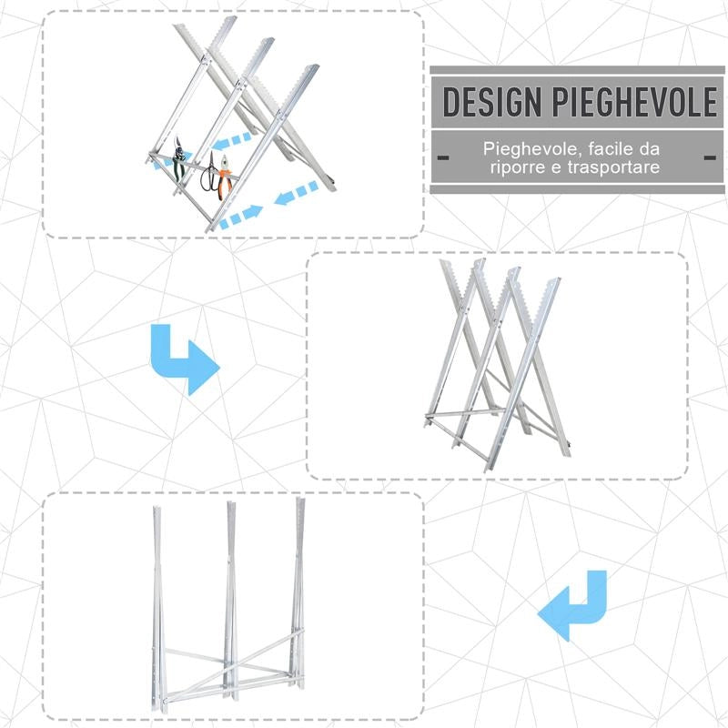 CAVALLETTO TAGLIALEGNA PIEGHEVOLE E TRIANGOLARE IN METALLOCON DENTI SEGHETTATI, 83X83X79 CM, ARGENTO