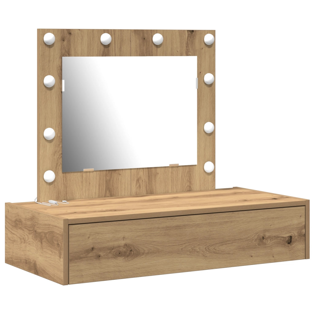 Tavolo trucco montato a parete con luci LED in rovere artigianale